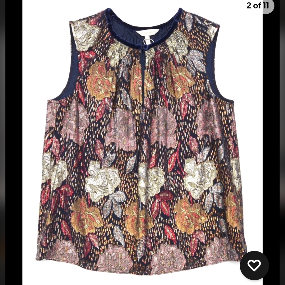 Rebecca Taylor Silk Rose Clip Elegant Sleeveless Keyhole Velvet Collar Blouse